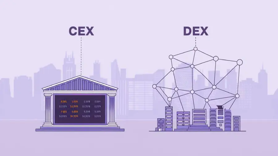 illustration of a CEX ( as bank ) and DEX ( as node connections )